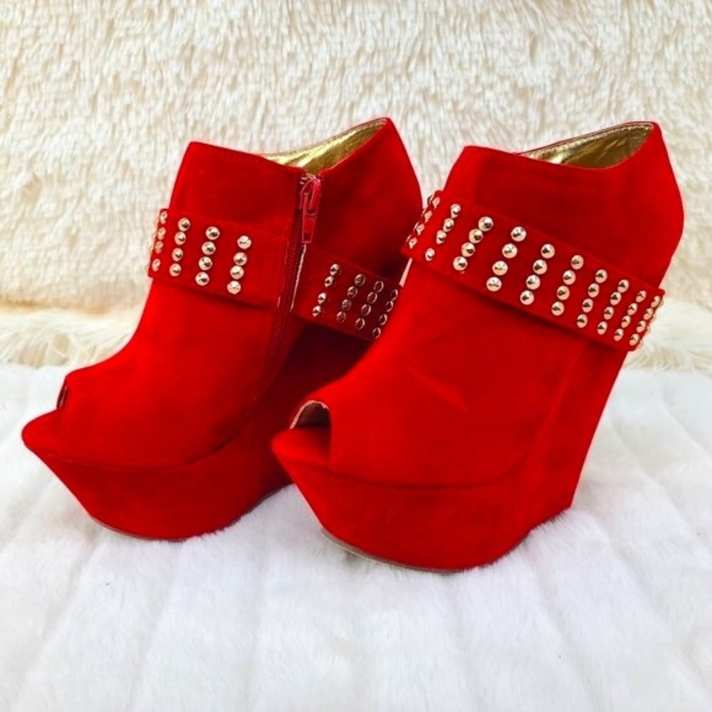 * Mona Mia Red Adorable Faux Suede Peep Toe Wedge Booty